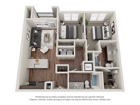 Floor plan for 2 beds, 2 baths, 963 sqft
